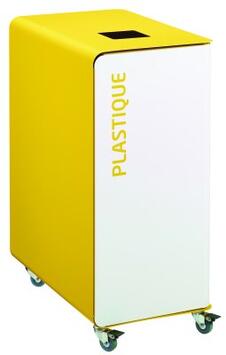 BORNE DE TRI 90L EN ACIER AVEC ROULETTES ET SUPPORT SAC - BLANC ET JAUNE