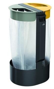 SUPPORT SAC 2 FLUX 2X75L AVEC CENDRIER 3L EN ACIER GRIS CIMENT/JAUNE