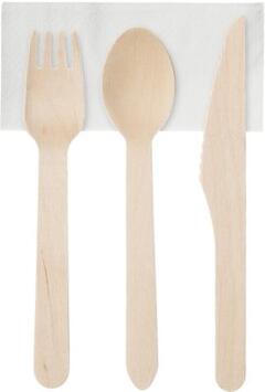 COUVERTS EN BOIS 16 CM 3/1 : FOURCHETTE, COUTEAU, SERVIETTE 2 PLIS X250