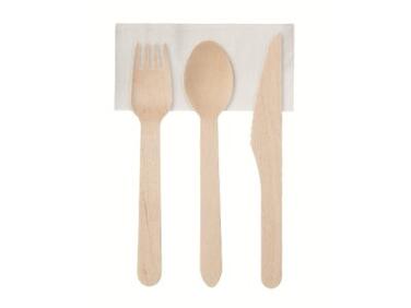 COUVERTS EN BOIS 16 CM SOUS SACHET 4/1 : FOURCHETTE, CUILLÈRE, COUTEAU, SERVIETTE 2 PLIS X250