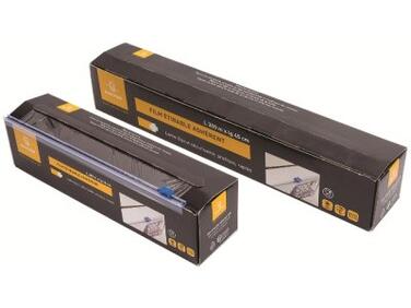 FILM ÉTIRABLE ROULEAUEN PVC DE 300 M, LARGEUR 45 CM EN BOÎTE DISTRIBUTRICE CARTON AVEC SYSTÈME DE COUPE ZIPCUT