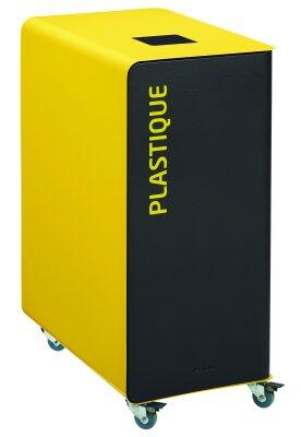 BORNE TRI SÉLECTIF 90L ACIER ANTI-UV JAUNE AVEC ROULETTES