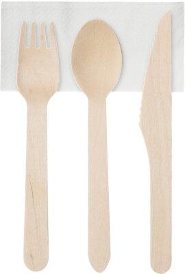 COUVERTS EN BOIS 16 CM 3/1 : FOURCHETTE, COUTEAU, SERVIETTE 2 PLIS X250