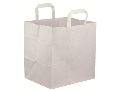 SACS CABAS EN PAPIER KRAFT BLANC, "TRAITEUR" AVEC FOND PLAT 256X195 MM, 260H 325 MM, SOUFFLETS DE 200 MM X250